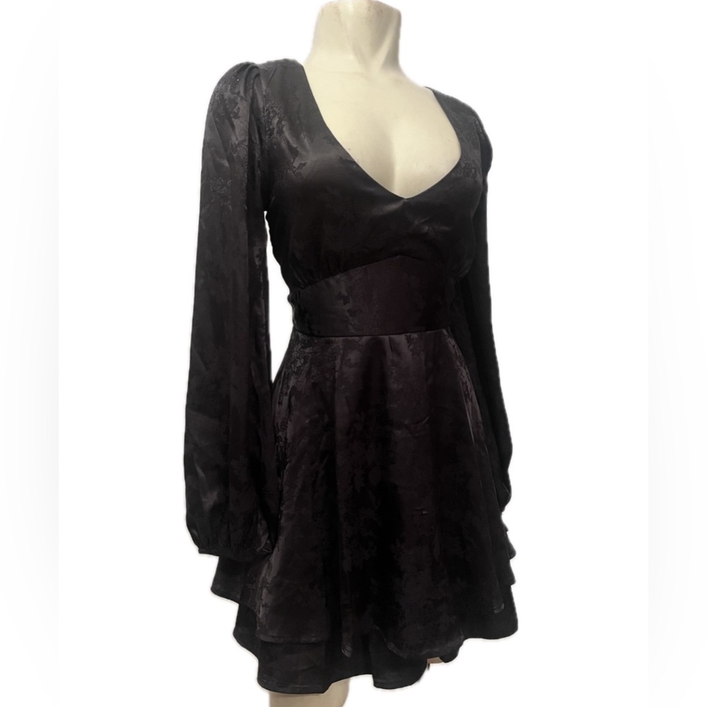 SOLD - Allison & Kelly Gothic Black Brocade Silky Backless Ruffle Mini Dress - Picture 4 of 8